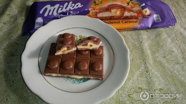 Молочный шоколад Wholenut Caramel ТМ Milka в разрезе