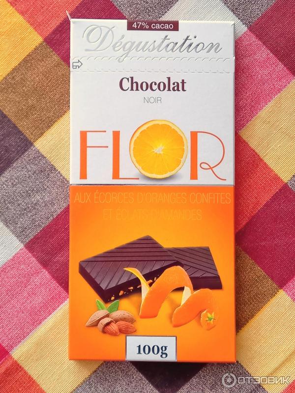 Темный шоколад Flor Degustation с миндалем и апельсиновой цедрой фото