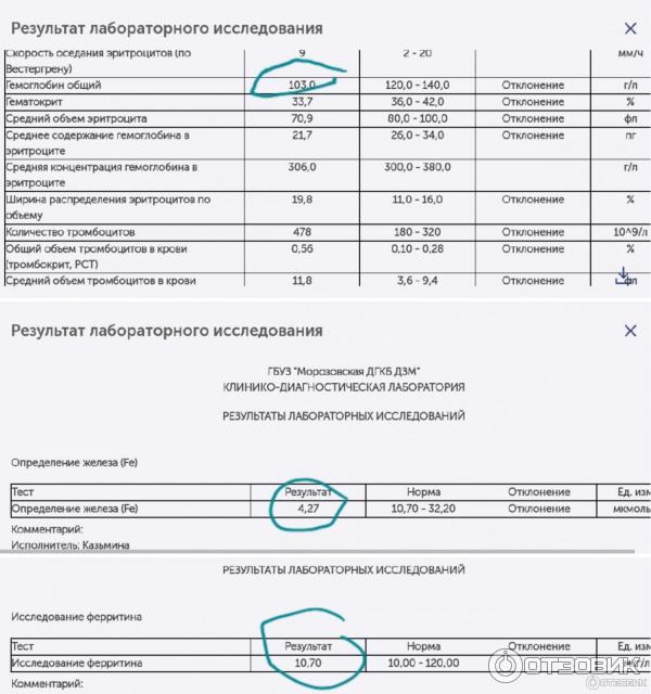 Результаты анализов ДО приема Тотема